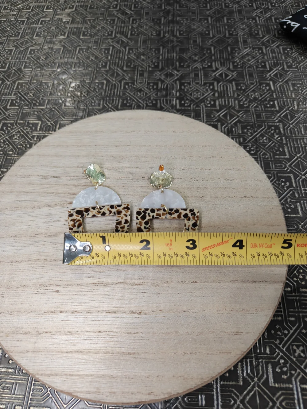 Leopard Pattern Resin Drop Earrings with Pearl Accent - Brown/White